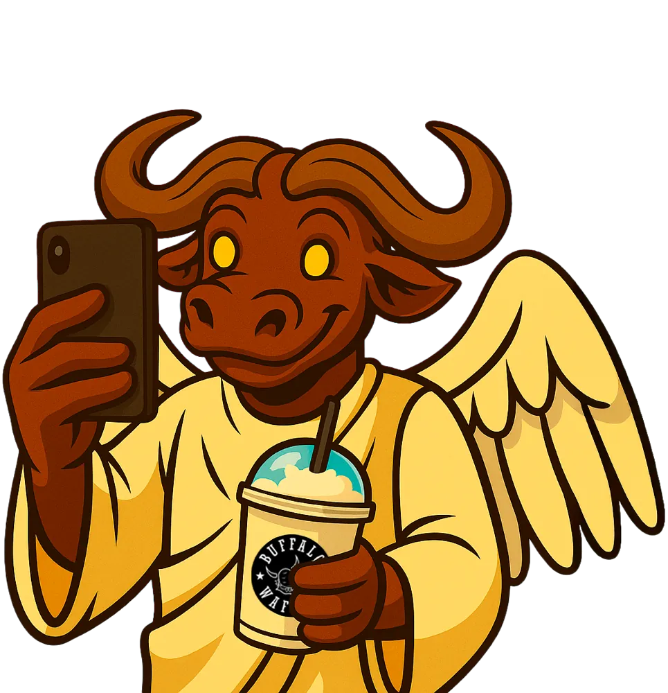 La mascota de Buffalo Waffles, un búfalo con alas, se saca una selfie