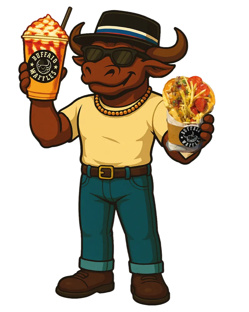 La mascota de Buffalo Waffles con lentes de sol, sombrero, un shake y un waffle